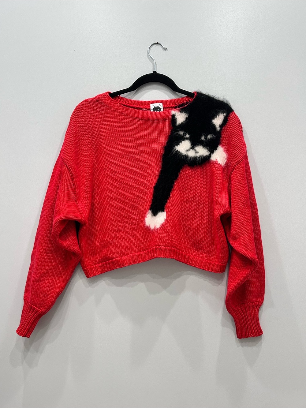 Iconic 1980s Mabel’s "Climbing Cat" novelty sweater made of Angora and Cotton